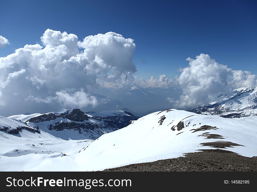 View of swiss alps and blue sky with clouds