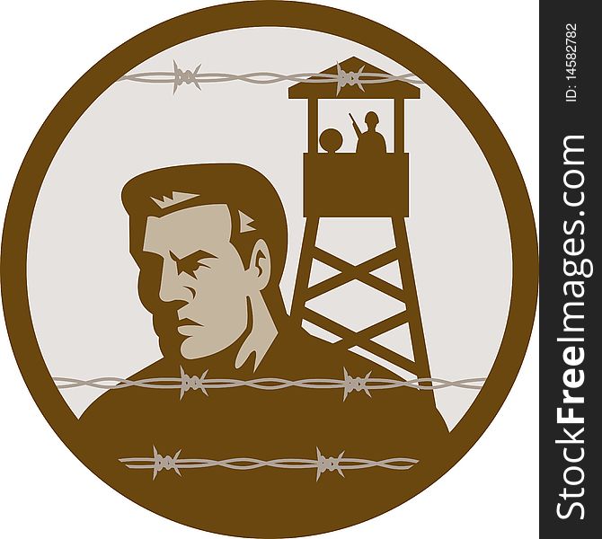 Illustration of a Prisoner of war in a concentration camp with guard tower in background and barbed wire in foreground. Illustration of a Prisoner of war in a concentration camp with guard tower in background and barbed wire in foreground.