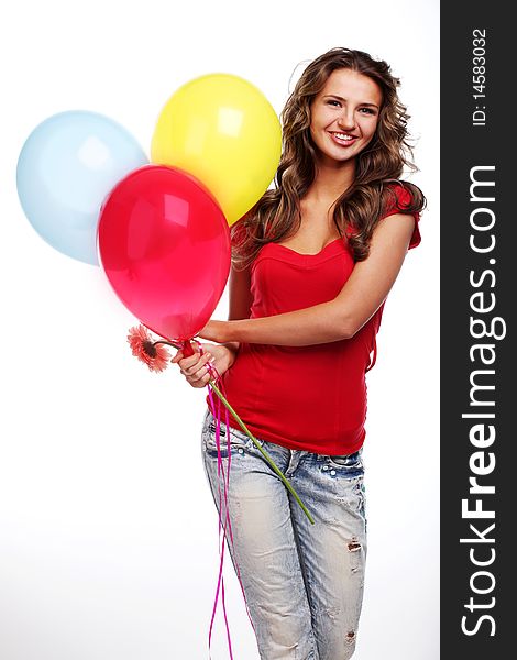 Young beautiful woman with three color balloons. Young beautiful woman with three color balloons
