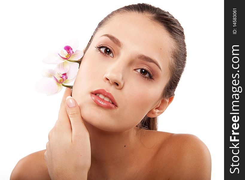 Portrait of young beautiful woman with white orchid. Portrait of young beautiful woman with white orchid