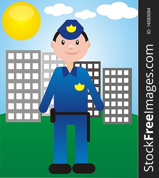 Policeman taking care of the city in a happy sunny day