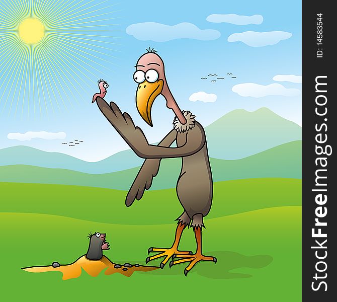 Cartoon vector illustration of vulture who save cute worm from mole.
Full compatible. Created with linear gradients. Named in layers.