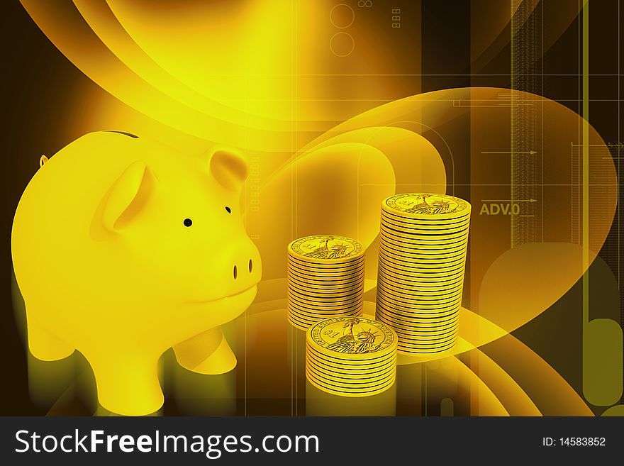 piggy bank with gold coins on color background. piggy bank with gold coins on color background