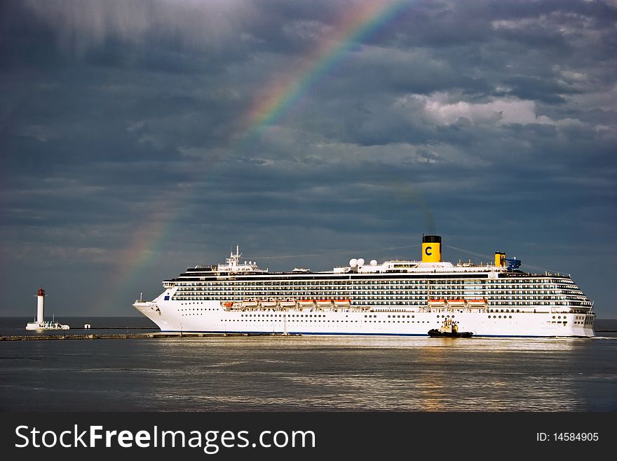 Huge cruise liner out of the port. Huge cruise liner out of the port