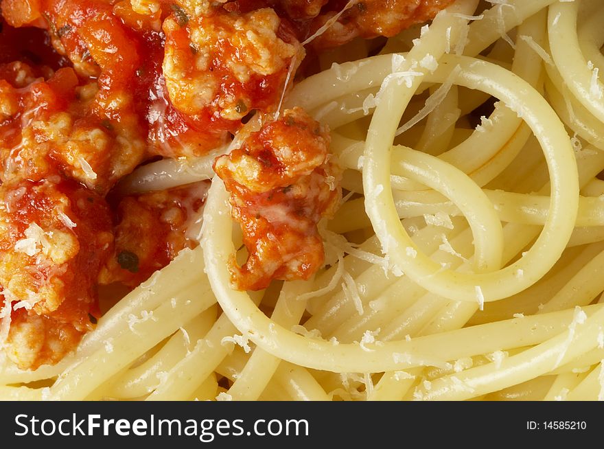 Spaghetti a la Bolognese extreme closeup macro shot background