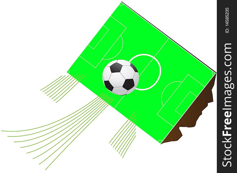 Soccer ball is flying over green soccer pitch