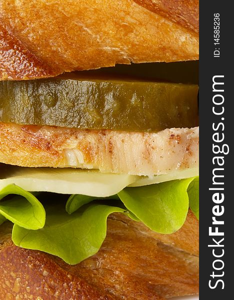 Sandwich with fried chicken and pickle cucumber macro shot background. Sandwich with fried chicken and pickle cucumber macro shot background