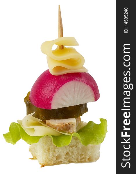 Small canape snack macro shot isolated over white background