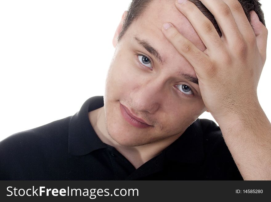 Young man thinking isolate white background