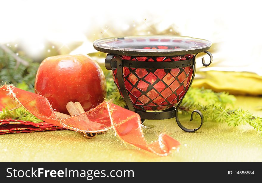 Christmas background - Christmas branch with candle and apple