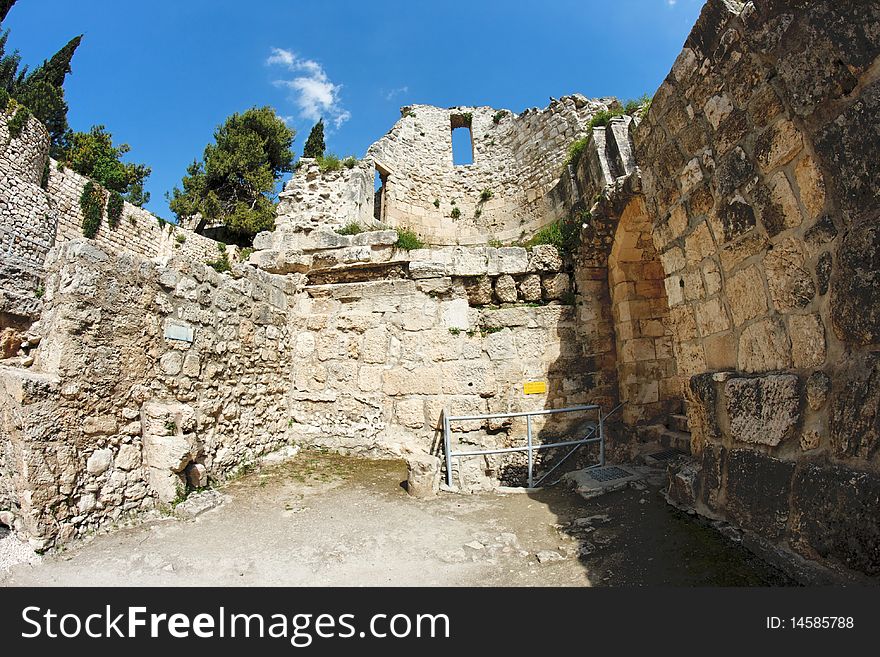 Wall of the ruins of Byzantine church in Jerusale