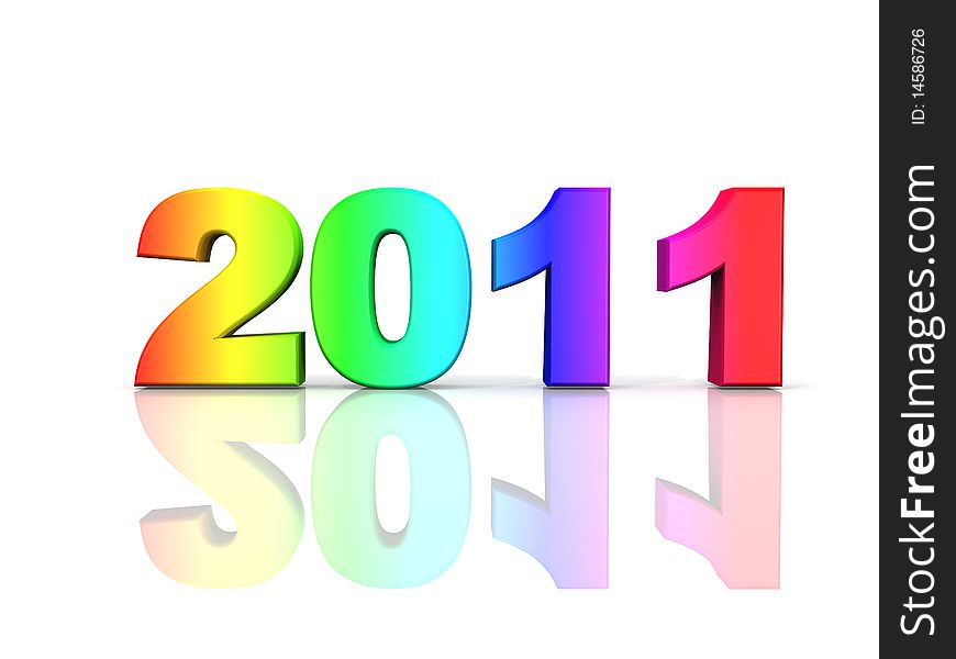 Year 2011 in rainbow colors on a reflective white surface