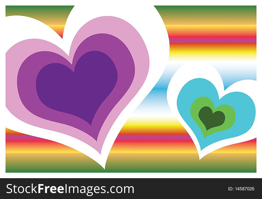 A colorful wallpaper with two colored hearts. A colorful wallpaper with two colored hearts