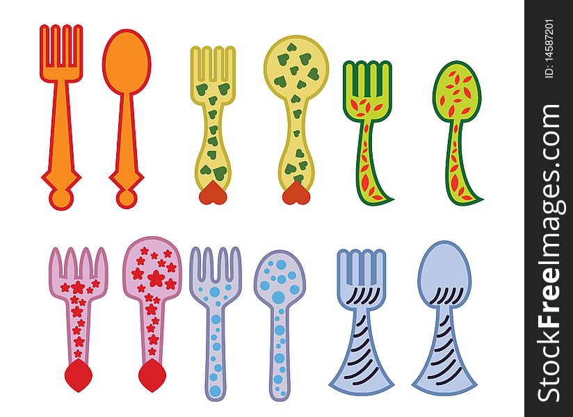 Fork and spoon sets toy style. Fork and spoon sets toy style