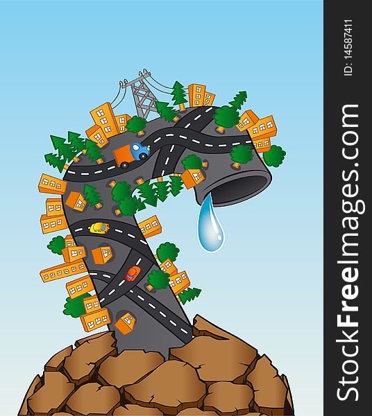 Vector illustration of a city located on the pipe sticking out of the cracked earth. Vector illustration of a city located on the pipe sticking out of the cracked earth