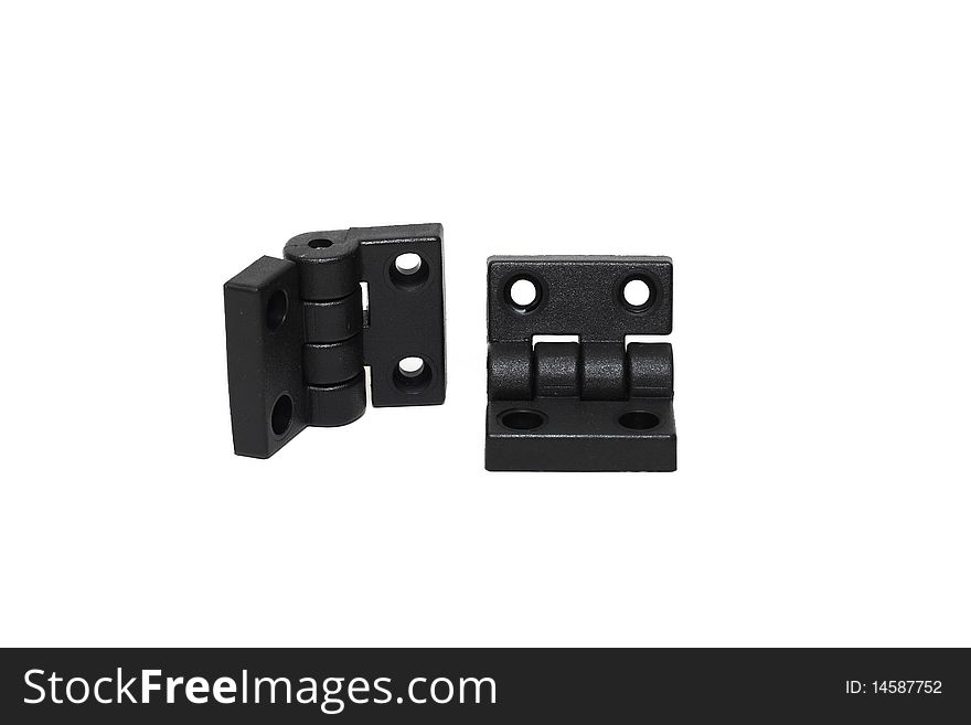 Two black plastic hinges