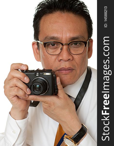 Japanese while taking photos, portrait with digital Camera before white background