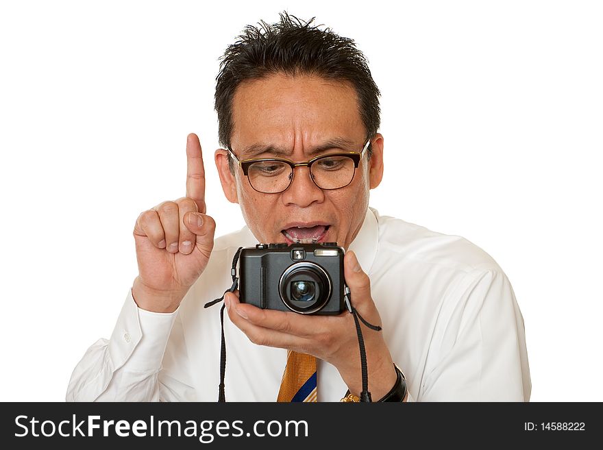 Japanese while taking photos, portrait with digital Camera before white background