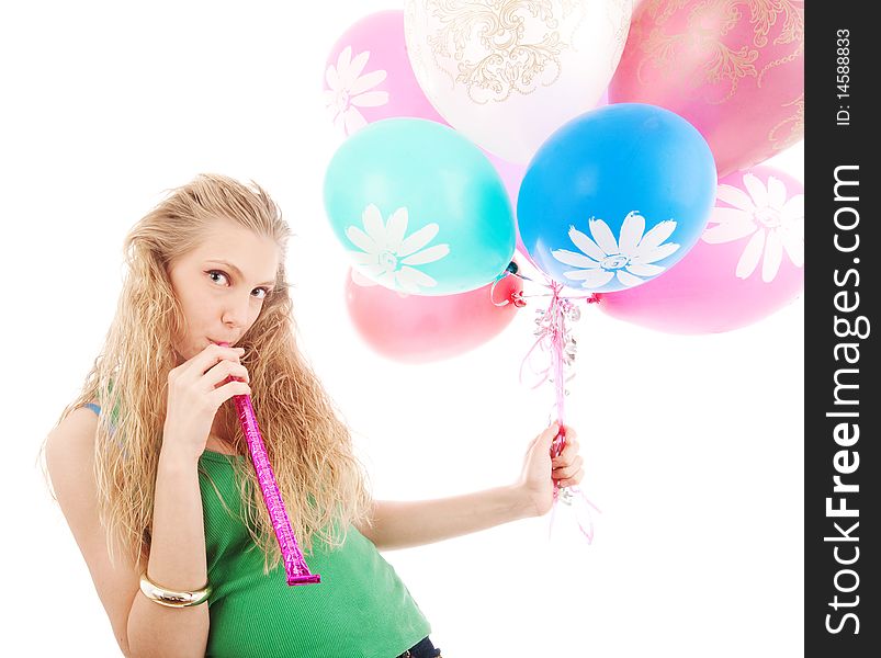 Girl with balloons isolated on white