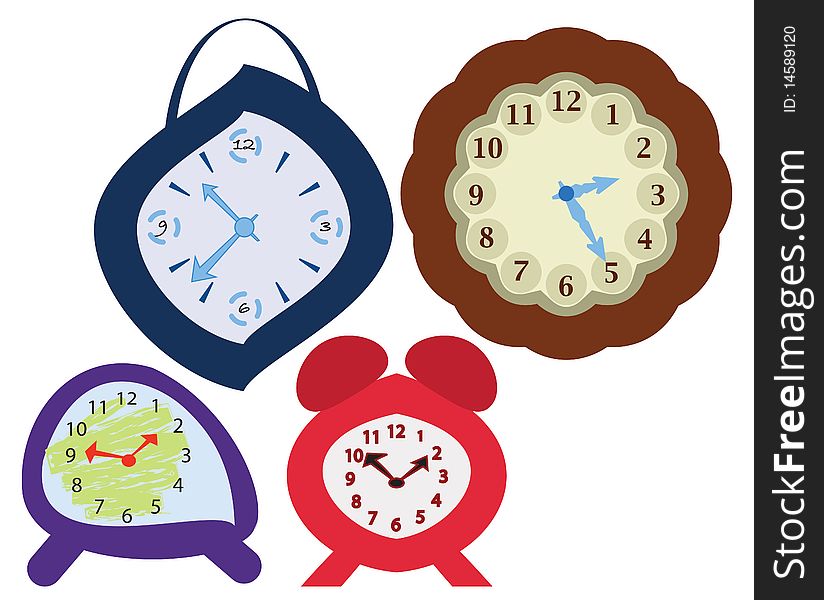 Four different style clocks on the wall. Four different style clocks on the wall