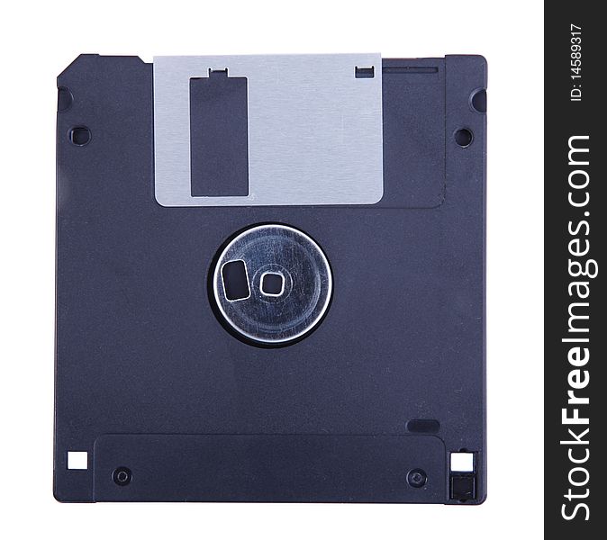Black and old computer diskette over white background. Old technology