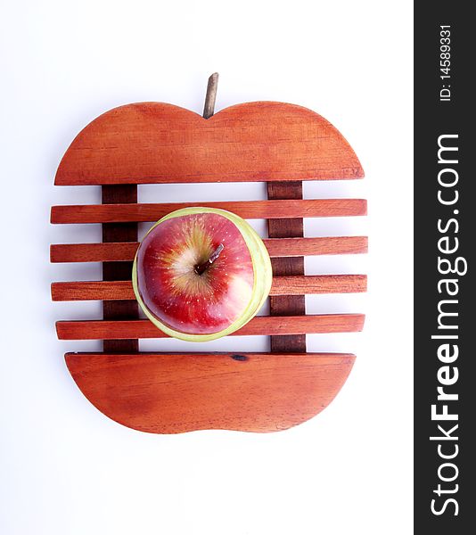 High view of apple on wooden apple tray
