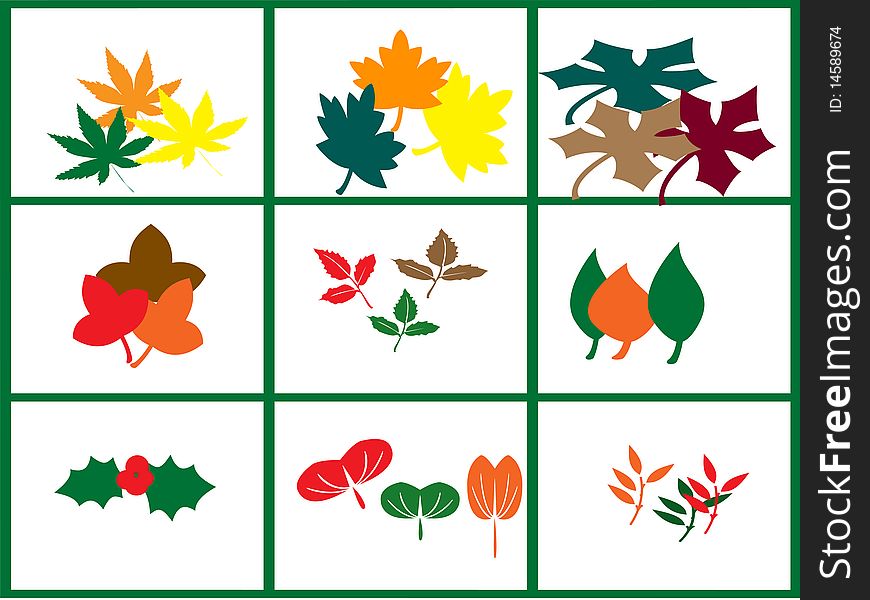 Icons representing leaves of different colors isolated on a white background. Icons representing leaves of different colors isolated on a white background