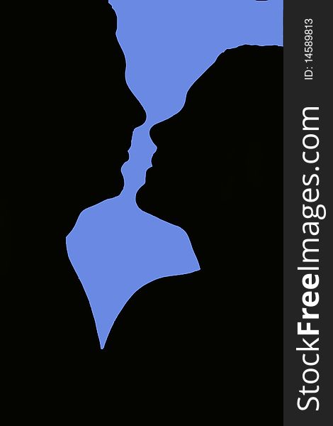 Black silhouette of a male and female couple looking at each other with light blue background. Black silhouette of a male and female couple looking at each other with light blue background