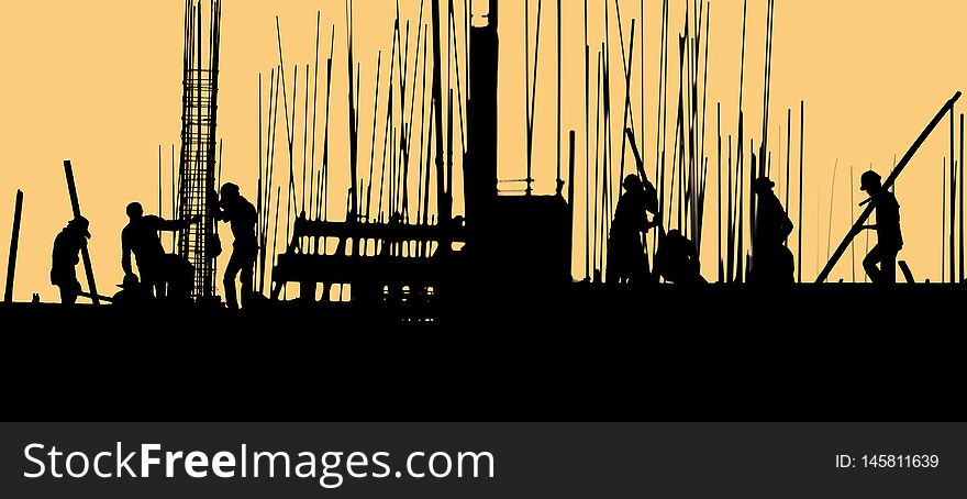 Panorama construction worker silhouette on the work place