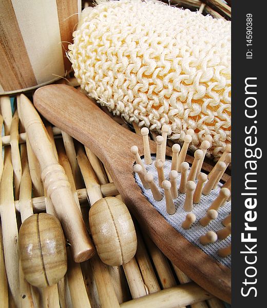 Wooden spa objects in a basket. Wooden spa objects in a basket