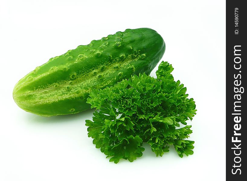 Vegetables and greens. Fresh cucumber with fragrant parsley on white background. Vegetables and greens. Fresh cucumber with fragrant parsley on white background