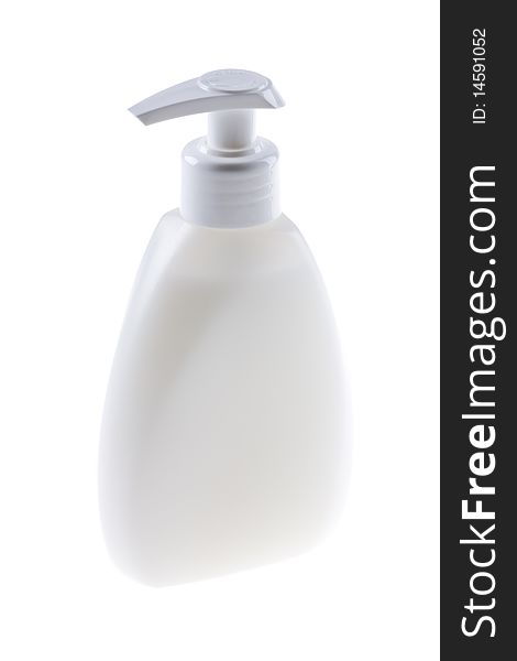 Photo of an empty soap bottle on white