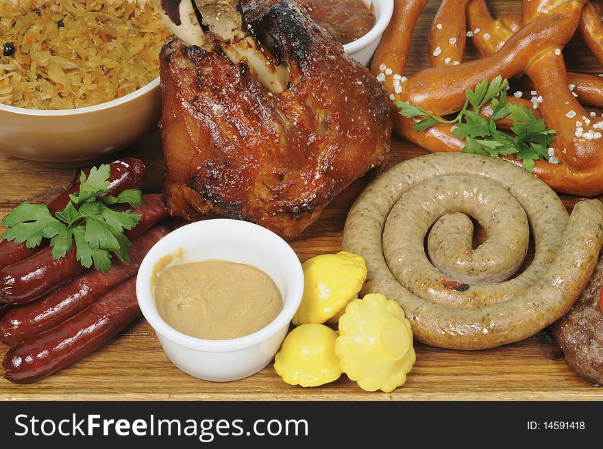Barbecue Pork, Fried Sausages Closeup