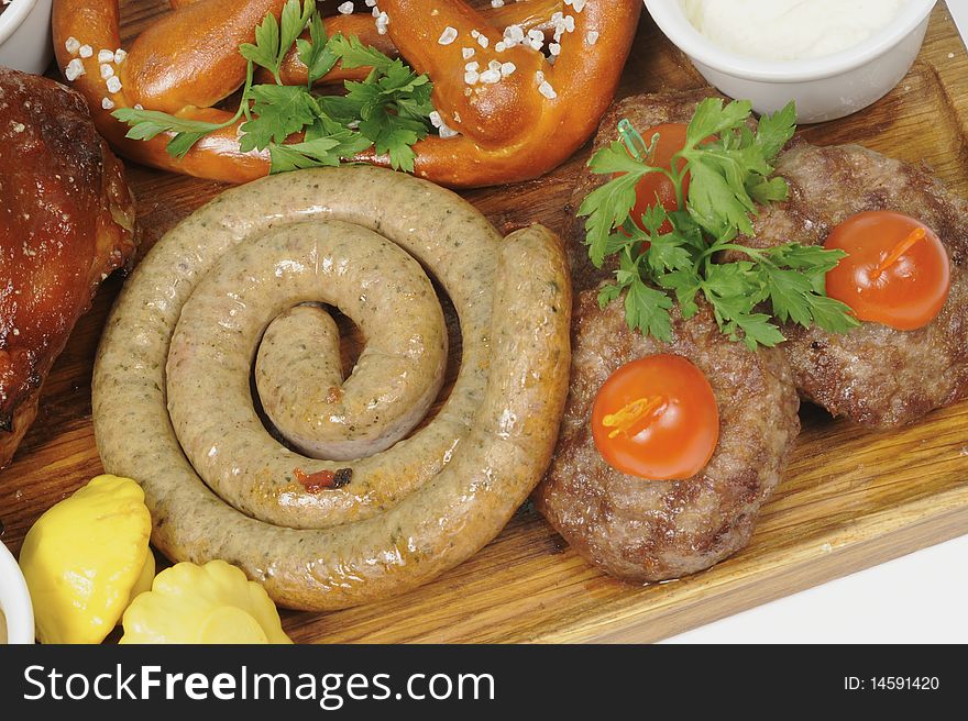 Steak Barbecue Pork, Fried Sausages Closeup