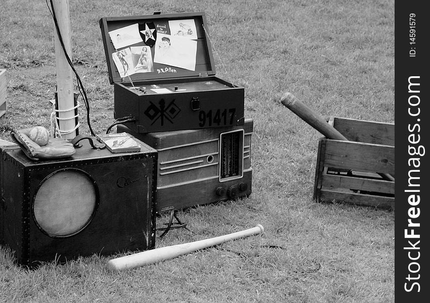Old radio and Baseball Bat - objects from Second World War