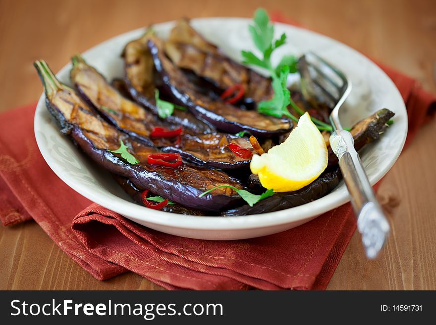 Grilled aubergines with garlic,chilli  and ginger