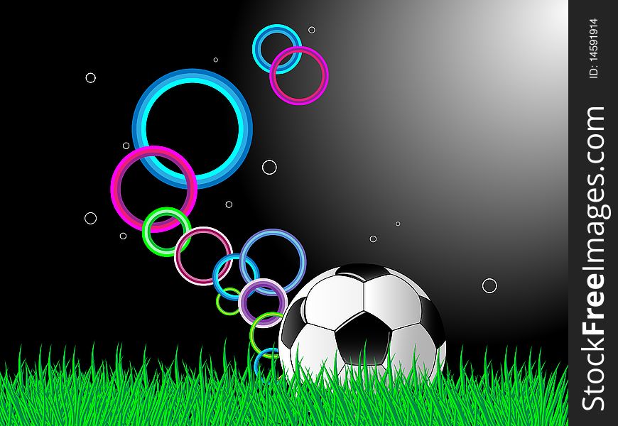 Vector illustration football ball on the grass with lights.