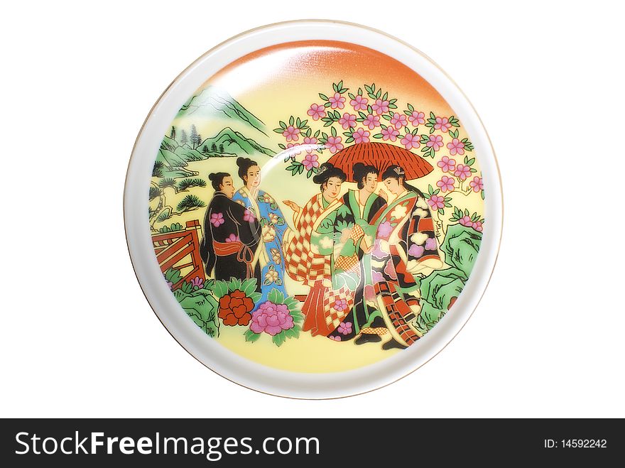 Modern chinese saucer with historical art paint isolated on white background