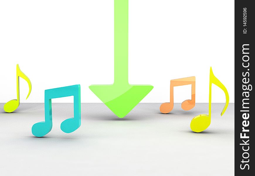 Arrow surrounded by music icons symbolizing for music downloads and entertainment.