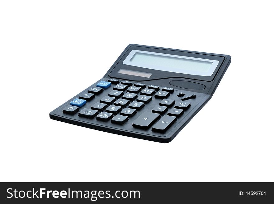 Black isolated electronic calculator with black end blue buttons