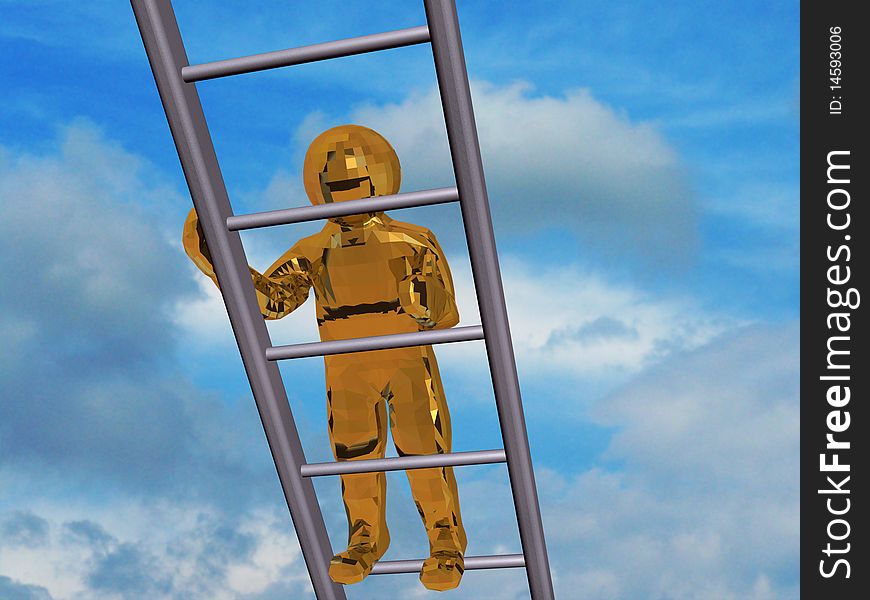 Gold 3d man on the stairs, sky background.