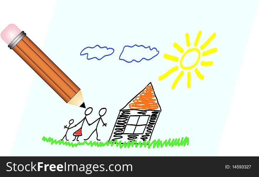 Picture of drawing of family, house, sun and sky. Picture of drawing of family, house, sun and sky