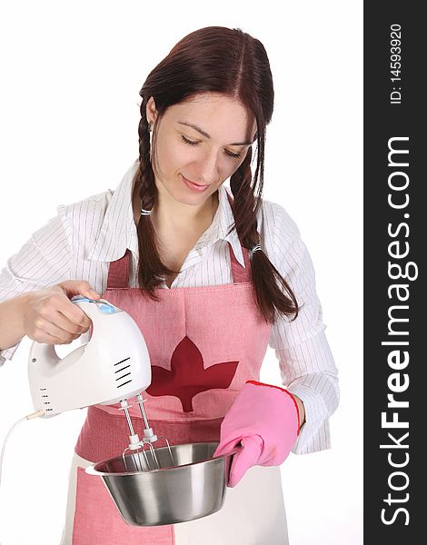 Housewife preparing with kitchen mixer on white background
