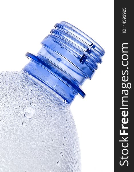 Steamy blue plastic bottle neck isolated on white