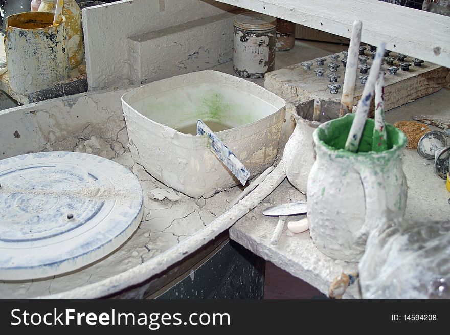 Potters tools and equipment used and as left by the potter. Potters tools and equipment used and as left by the potter