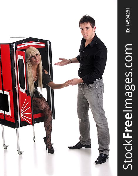 Magician performance with beauty girls in a magic box. Magician performance with beauty girls in a magic box