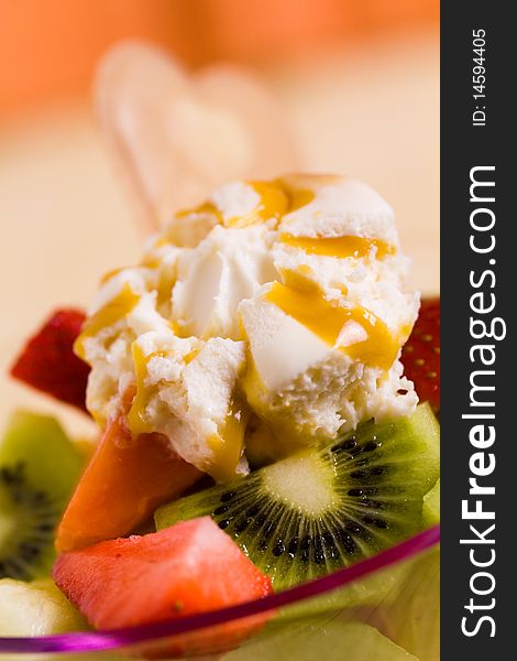 Fruit Salad with Ice Cream,kiwi,strawberry,papaya