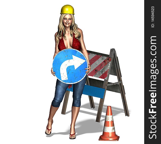 Sexy woman is showing: under construction. 3D