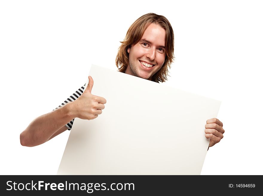 Young Man with Thumbs Up and Blank White Sign