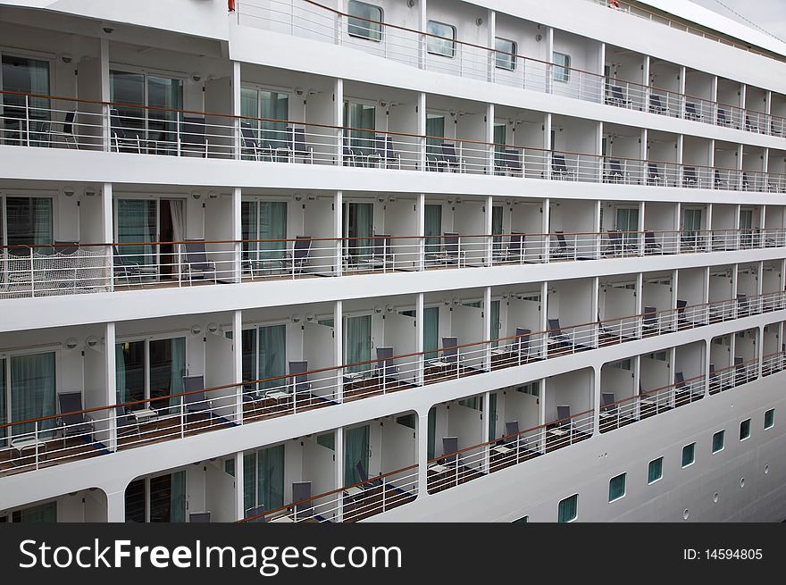 Detail of a cruise ship, view on the balconies of the outside cabines